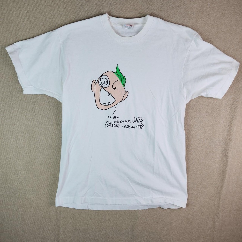 Vintage 90s Funny Humor Loses An Eye Graphic T-Shirt White Single Stitch XL